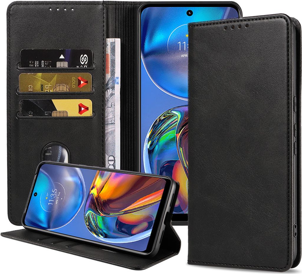 Smartphonica Handytasche passend für Motorola Moto E32 Kunstleder mit Magnetverschluss und Kartenfächern Bookcase mit Klappe - Schwarz