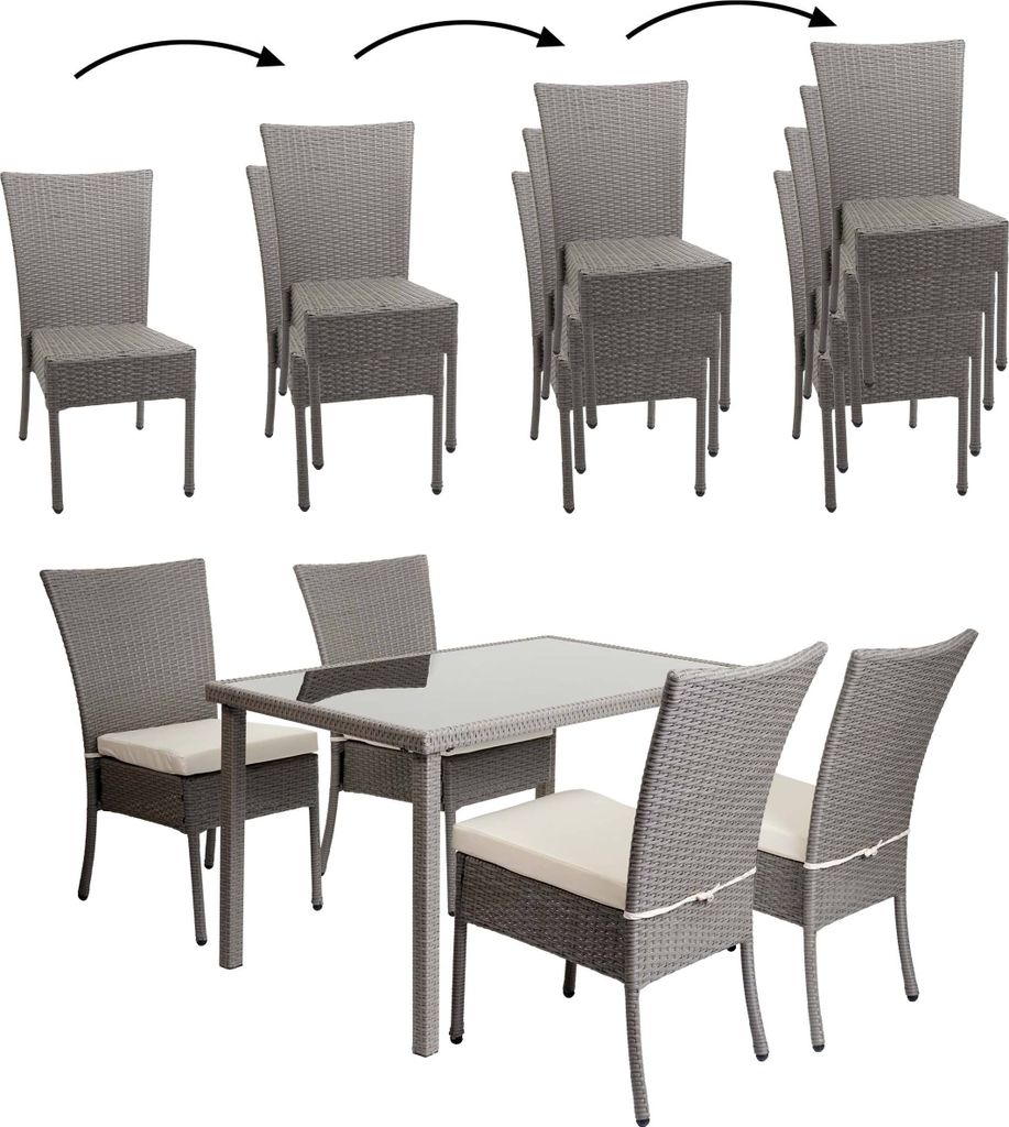 Poly-Rattan Garnitur MCW-G19, Sitzgruppe Balkon-/Lounge-Set, 4xStuhl+Tisch, 120x75cm grau, Kissen creme