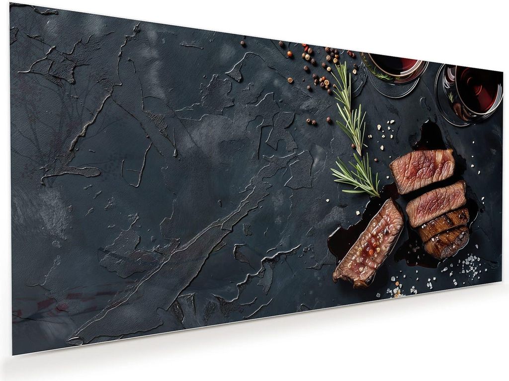 Glasbild 60x30cm in XXL für Wohnzimmer, Schlafzimmer Motiv Steak und Rotwein