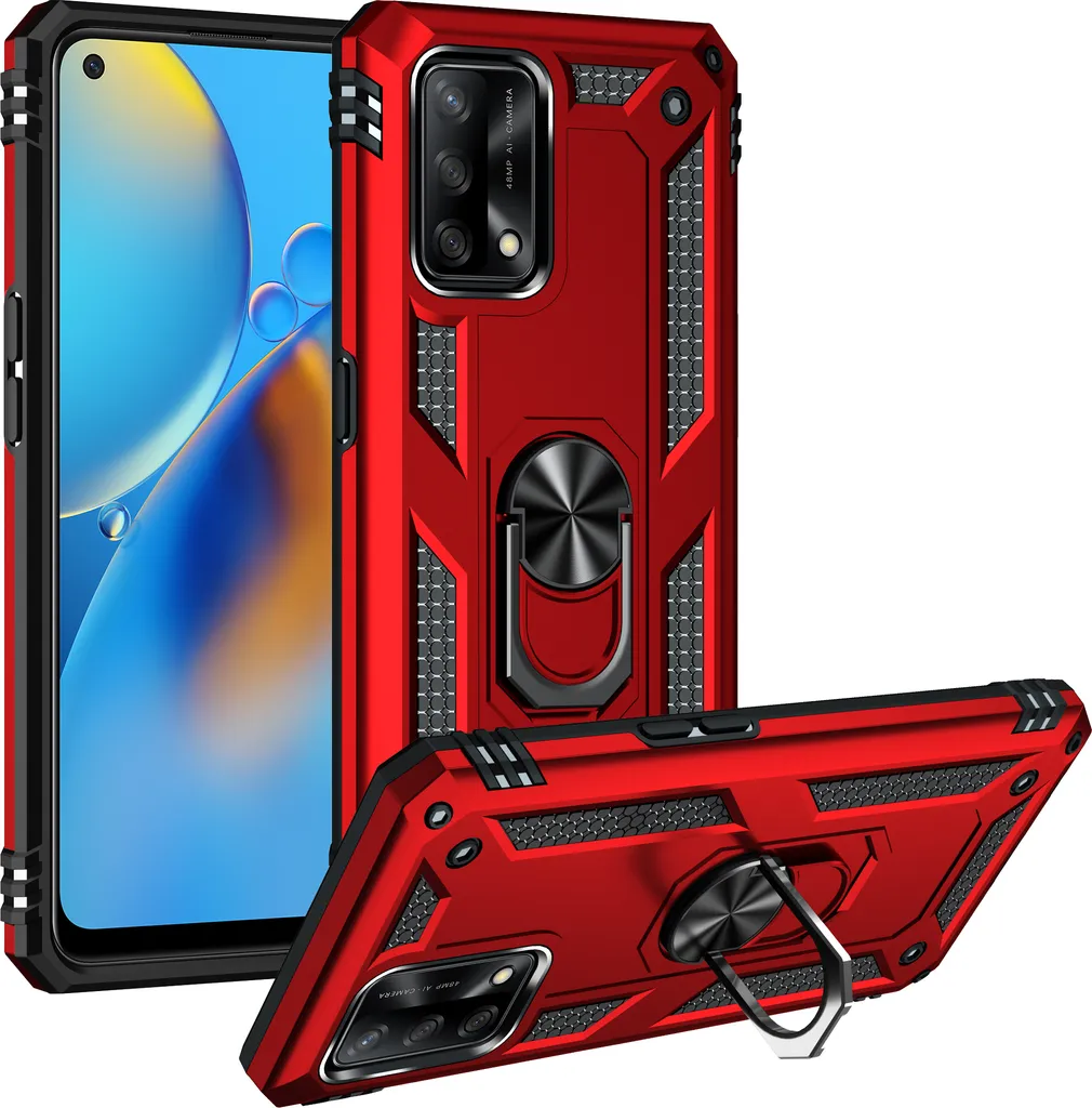 Custodia per OPPO A74 4G / F19 a doppio strato robusta, protezione militare con supporto ad anello e supporto rosso