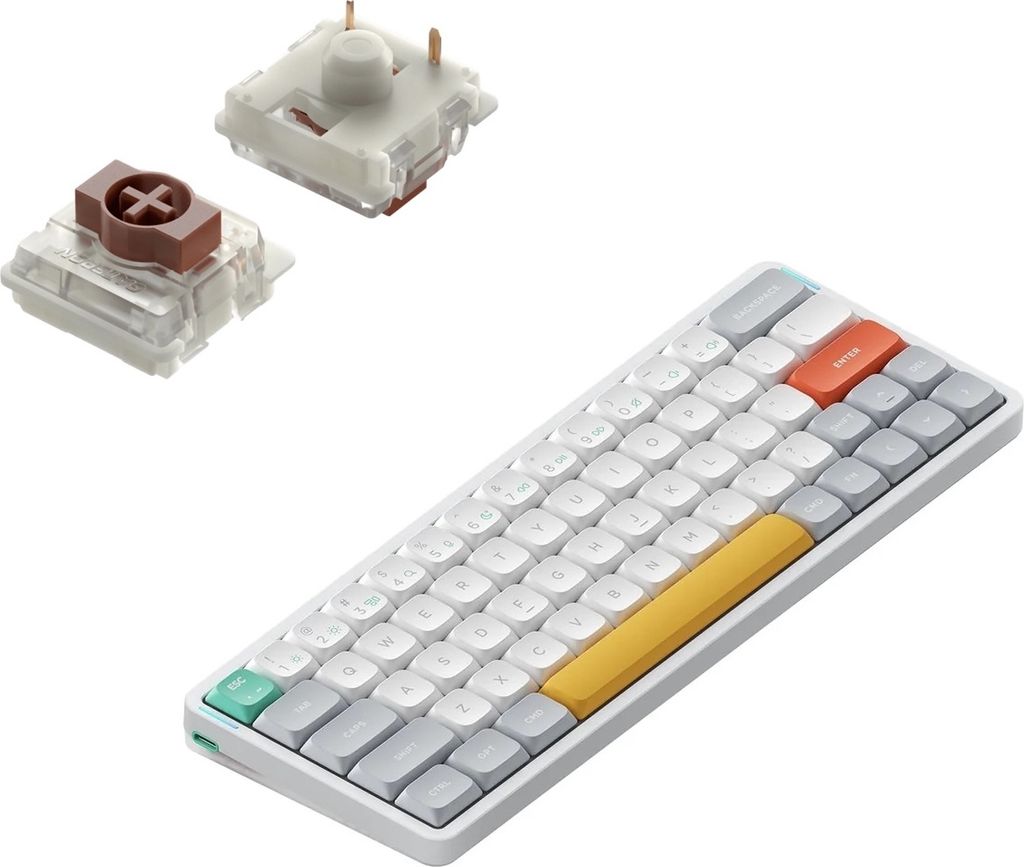 A white mechanical keyboard with different colored keycaps and two mechanical switches are displayed against a white background.