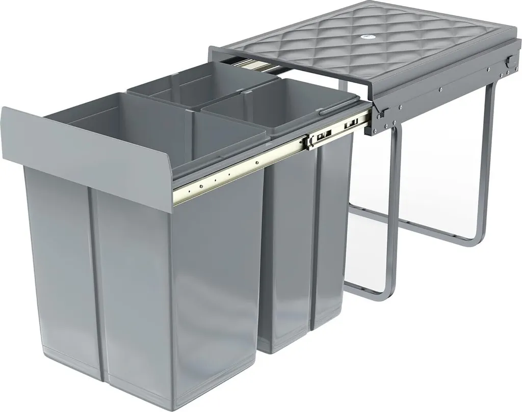 Poubelle encastrable extensible 3 compartiments 40L avec rail en acier
