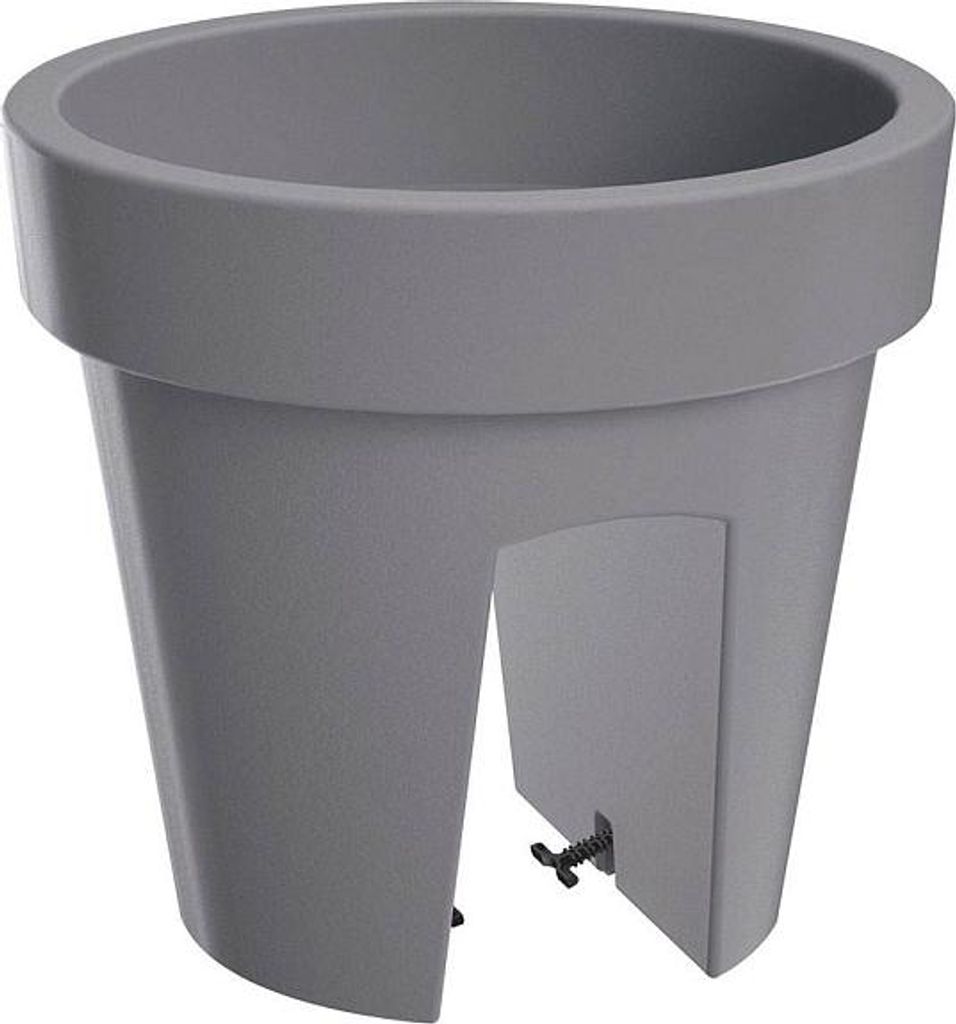 A gray planter pot designed to hang on a railing.