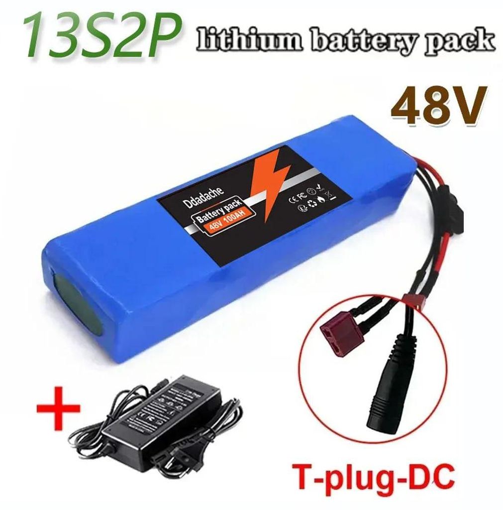 E-Bike-Akku - 48V Lithium-Ionen-Akkupack - Kapazität 100Ah - 13S2P - BMS Für 250–1000W - T-DC-Stecker - 54,6V Ladegerät Inklusive