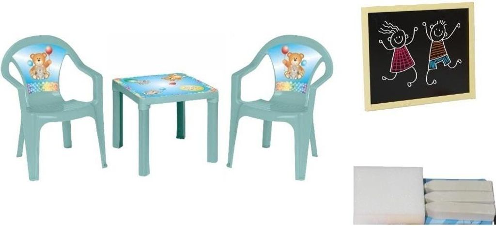 Tisch und zwei Stühle + Tafel in Pastelltürkis – 3toysm