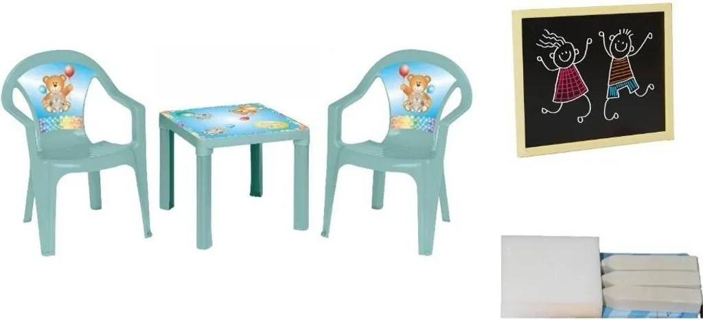 Mobilier enfant anti-ennui : table tableau noir turquoise et ses chaises