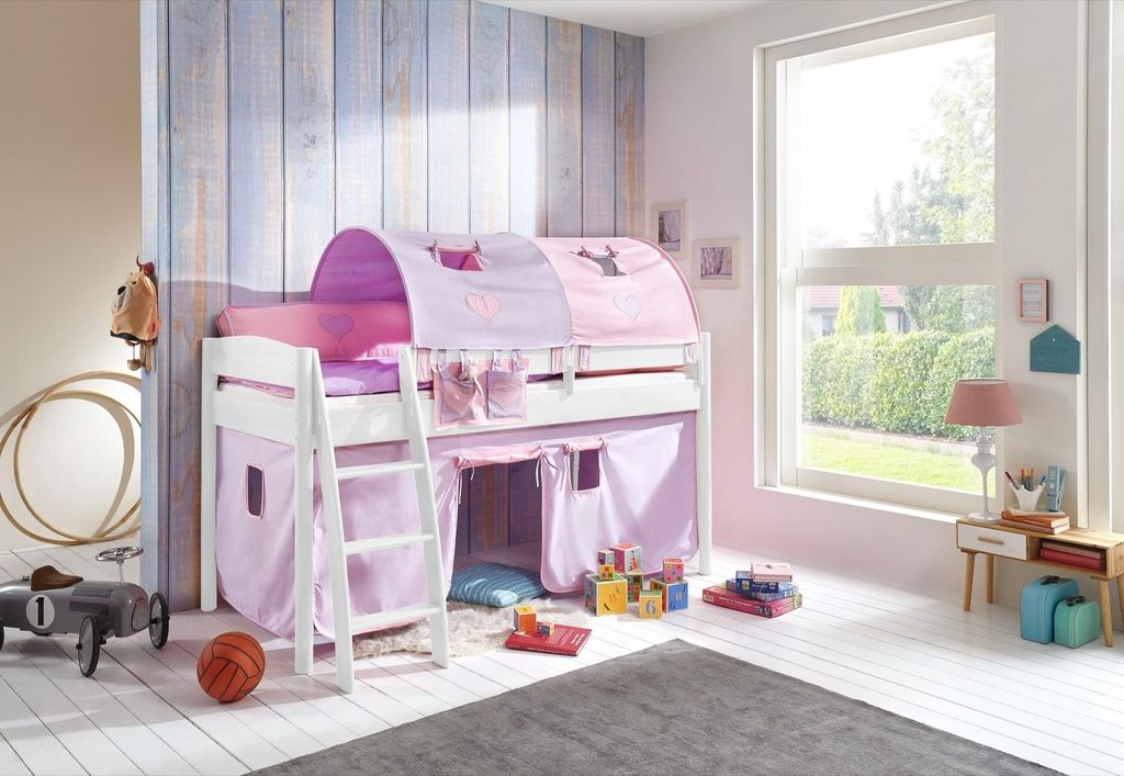 Halbhohes Einzelbett Mischelle Buche massiv Weiß lackiert 90x200 mit Textilset