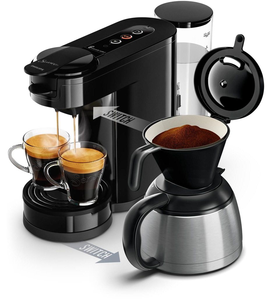 Philips Senseo Switch 2-in-1 Pad und Filter Kaffeemaschine mit Thermo Kanne + Intensitätsregler, Schwarz (HD6592/64)