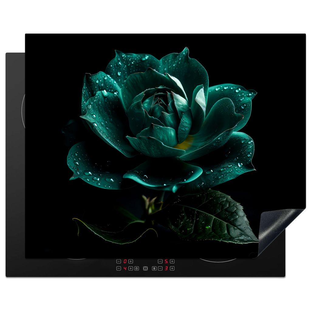 KitchenYeah Herdabdeckplatte Blumen - Rosen - Blau - Porträt - Schwarz , 65x52cm, Küche Deko, Glaskeramikkochfeld Herdabdeckung, Abdeckplatte f...