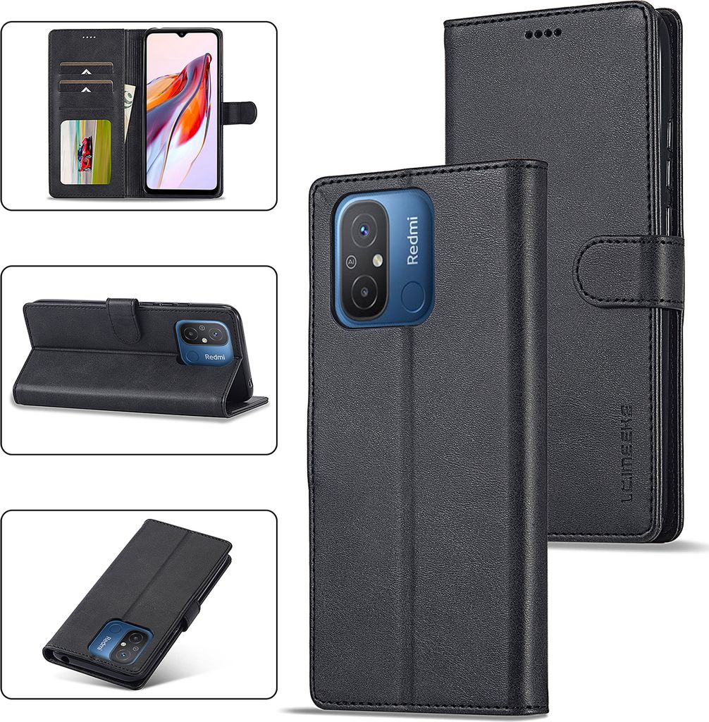Redmi 12C Hülle, Klapphüllen Brieftasche Leder Magnetverschluss Ständer Schutzhülle für Xiaomi Redmi 12C Schwarz