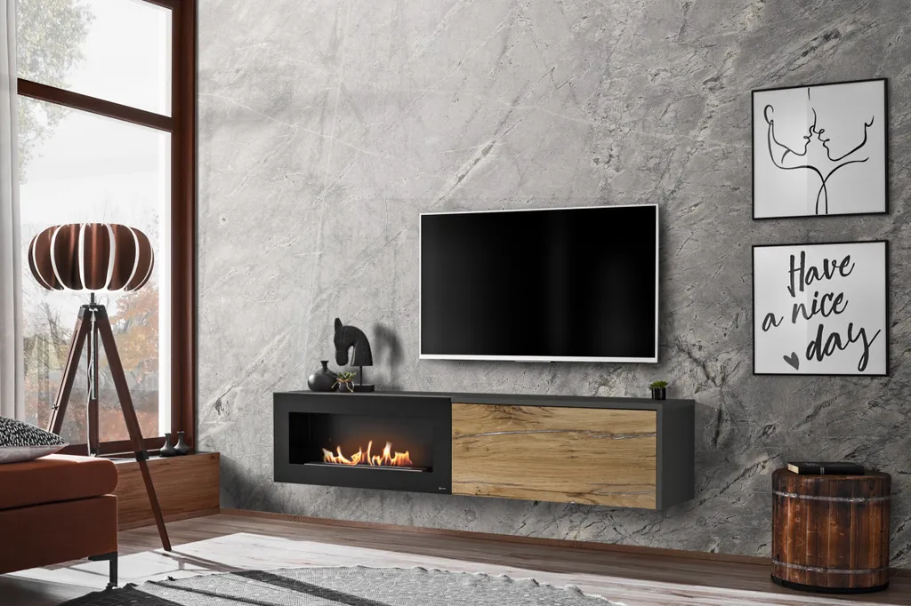 Banc TV moderne avec foyer bioéthanol intégré AGRIA 180cm chêne