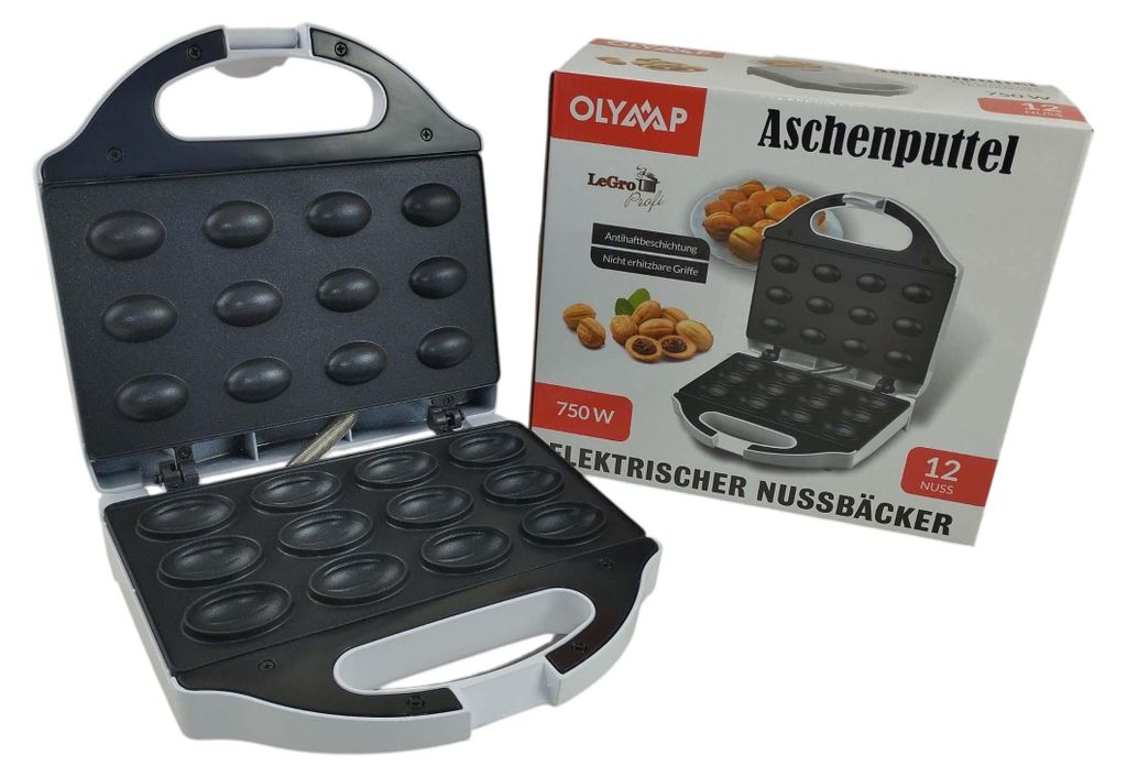 A nut maker waffle iron and its packaging are shown against a white and light gray background.