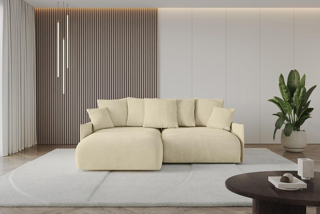 ALTDECOR Ecksofa mit Schlaffunktion und Bettkasten ONESK-L-v1 216x177x72 cm Beige - Corner Sofa Eckcouch Couch L-Form angeordnet Schlafcouch Auszie...