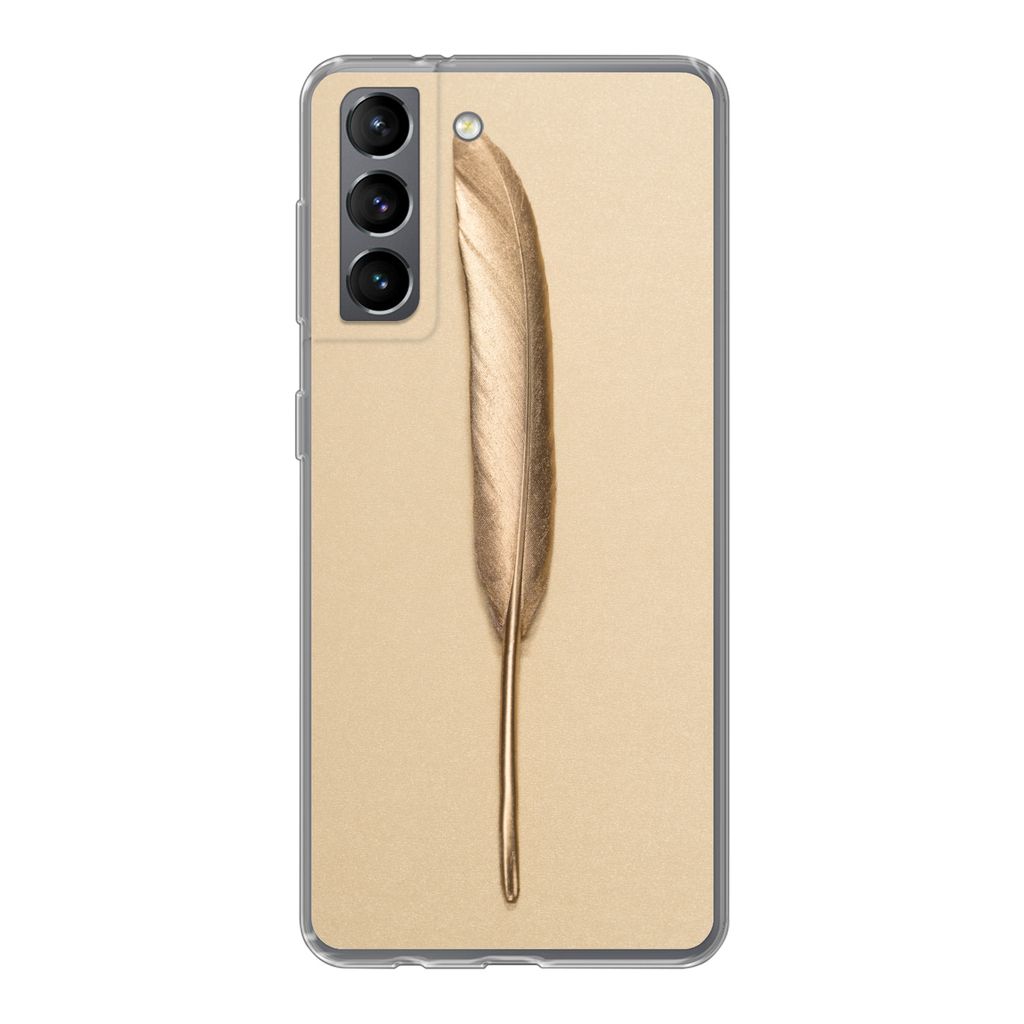 MuchoWow Handyhülle Schutzhülle Hülle für Samsung Galaxy S21 Gold bemalte Feder auf einem goldenen Hintergrund Silikon Softcase Handy Hülle ...