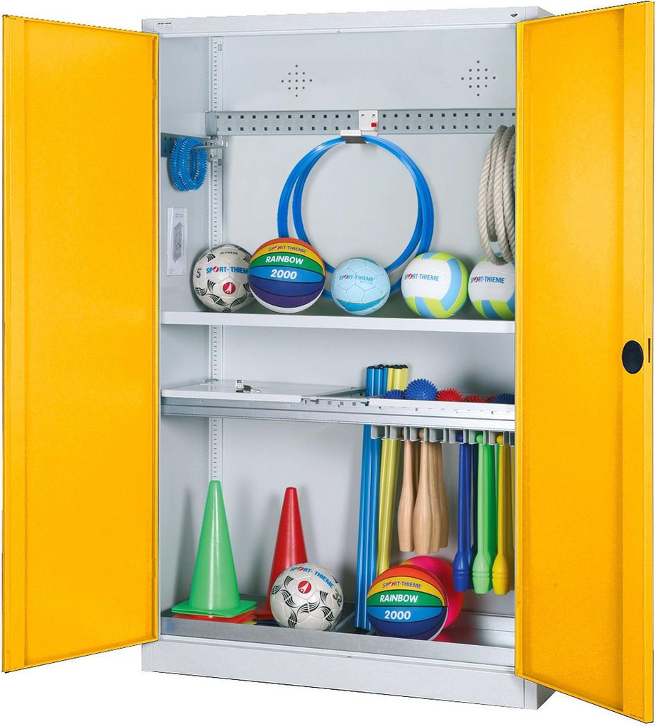 C+P Modul-Sportgeräteschrank "Komplettausstattung" mit Vollblech-Flügeltüren, HxBxT 195x120x50 cm, Ergo-Lock Muldengriff, Verkehrsgelb (RAL 1023...