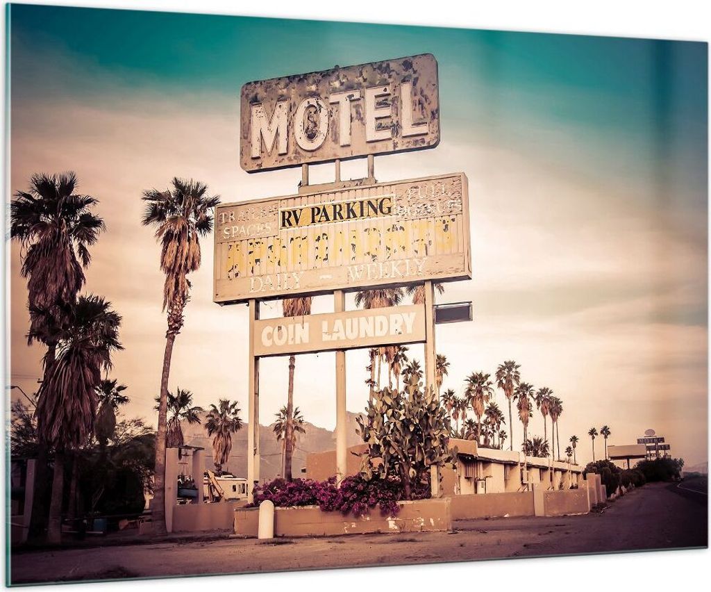 Bilder auf glas - Amerika Motel Straße Zeichen - 100x70cm - Glasbilder - Wandbilder - Kunstdruck - zum Aufhängen bereit - Wanddekoration aus Glas...