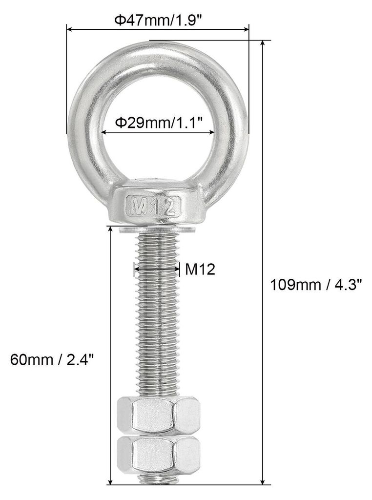 Ringschraube, 2er Pack M12x60 304 Edelstahl Augenschrauben Gewindeschraube Augbolzen Schulterring mit Muttern Unterlegscheiben