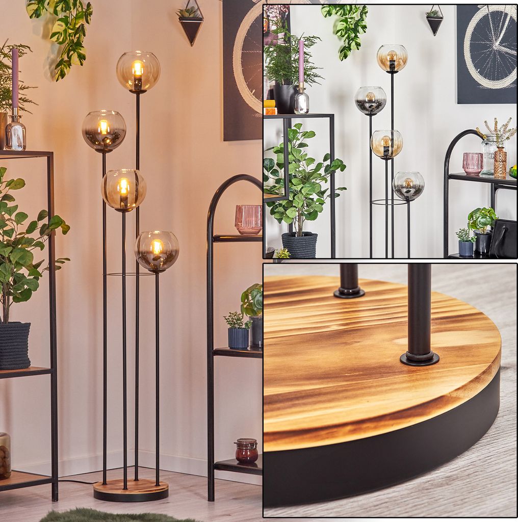 Cesaro Stehlampe aus Metall/Holz/Glas in Schwarz/Natur/Rauch/Bernstein/Klar