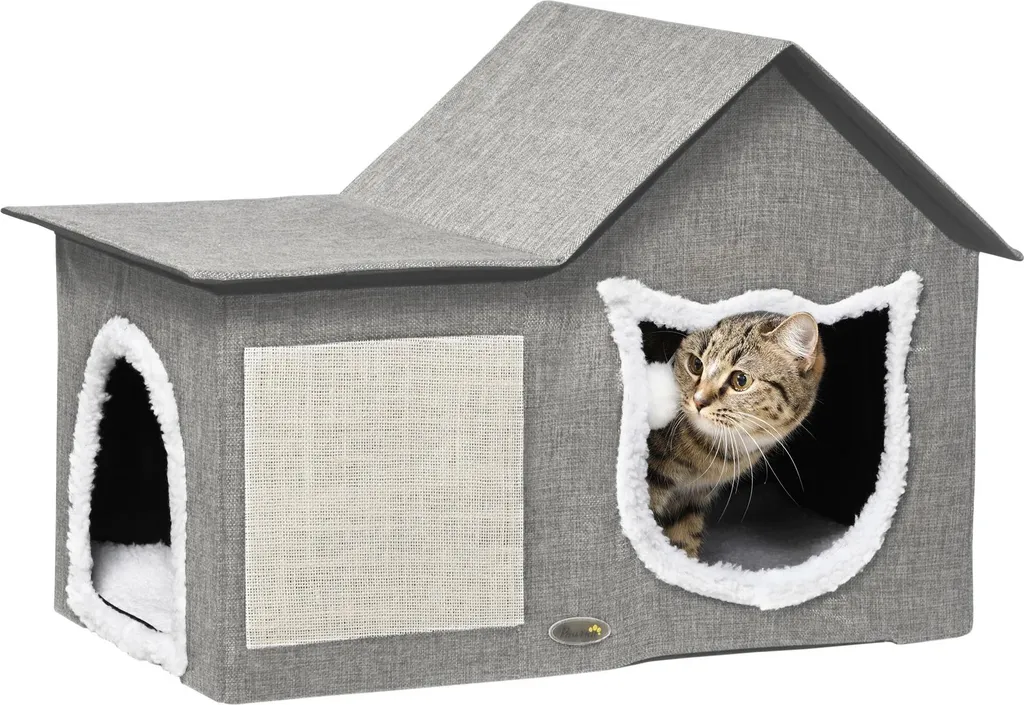 Couchage chat en peluche grise avec griffoir sisal et jouet suspendu
