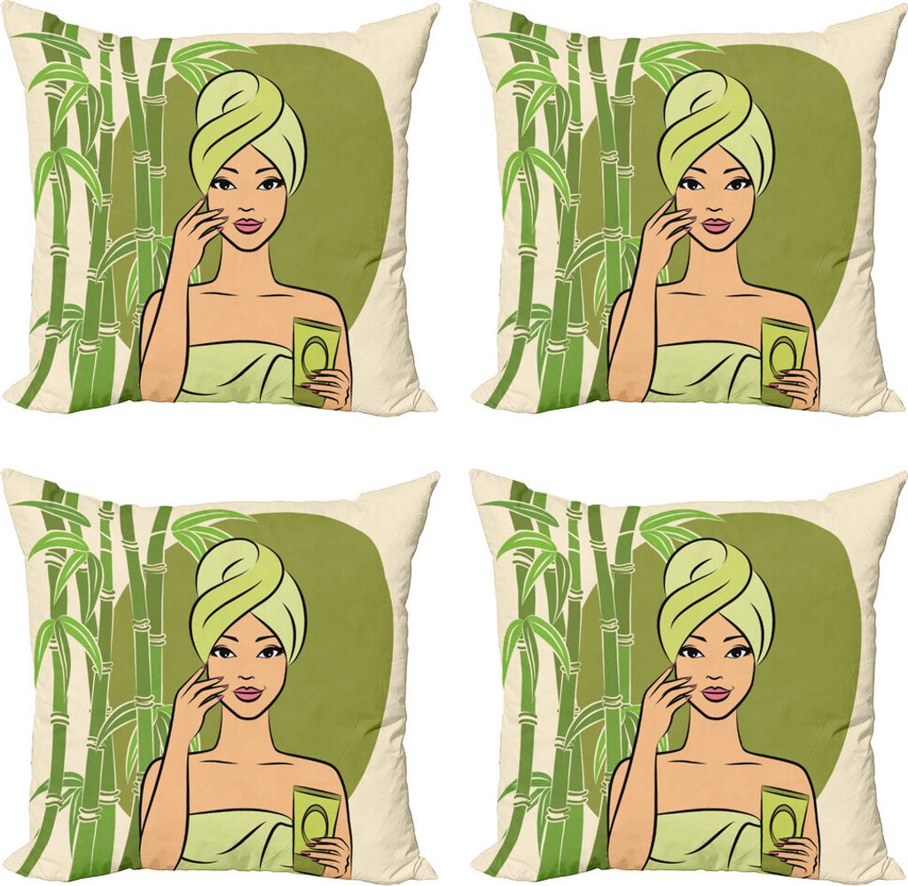 ABAKUHAUS Spa Kissenbezug Set (4 Stück), East Themed Beauty Lady, Moderner Doppelseitiger Digitaldruck, 40 cm x 40 cm, Olivgrün Hellgrün