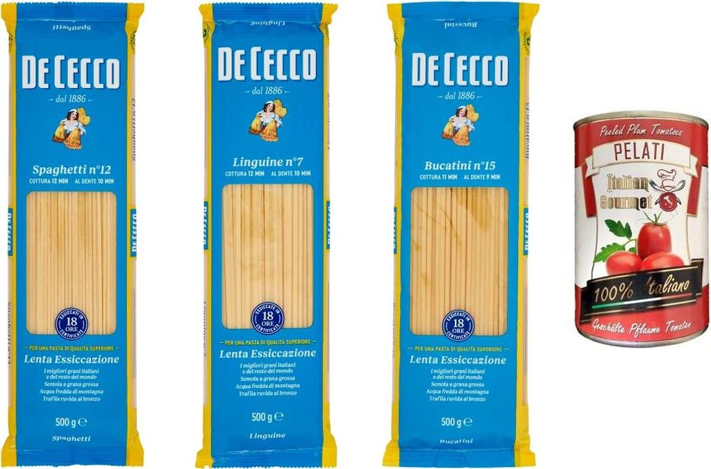 TESTPAKET De Cecco Pasta 1x Spaghetti n°12 1x Linguine n°7 1x Bucatini n°15 ( 3 x 500g ) + 1x Italian Gourmet 100% italienische geschälte Tomat...