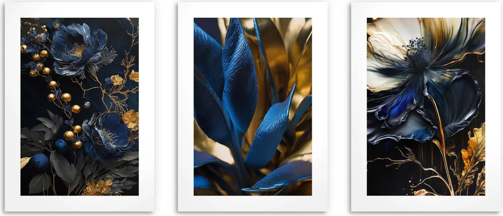 Trittico Poster Astratti Fiori Oro Blu | Arredo Parete Soggiorno - 3