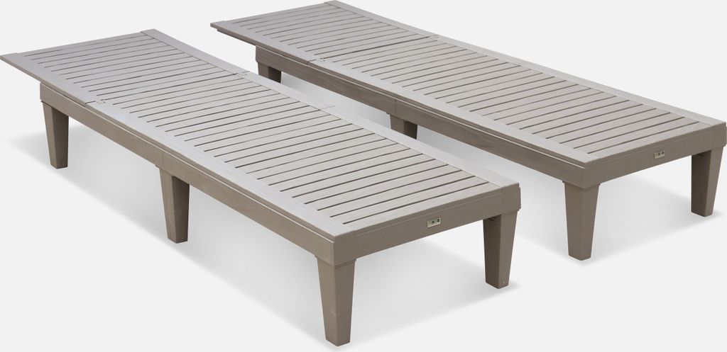 Two grey sun loungers are shown from a slightly elevated diagonal angle against a white background.