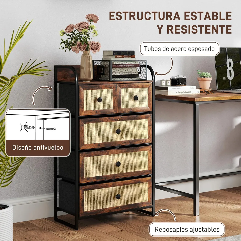 Rangement efficace salon commode en tissu compacte 5 tiroirs rustique - 6
