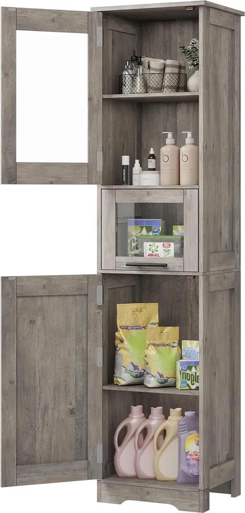 Rangement salle de bain gris anti-encombrement - Armoire haute modulable
