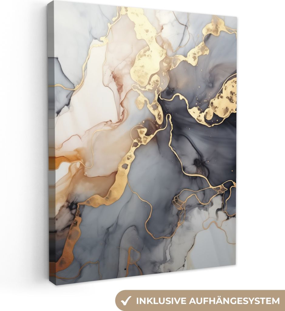 MuchoWow - Leinwandbilder - Marmor - Schwarz - Gold - Weiß, Wandbild, Wanddeko Bilder Wohnzimmer, 90x120 cm