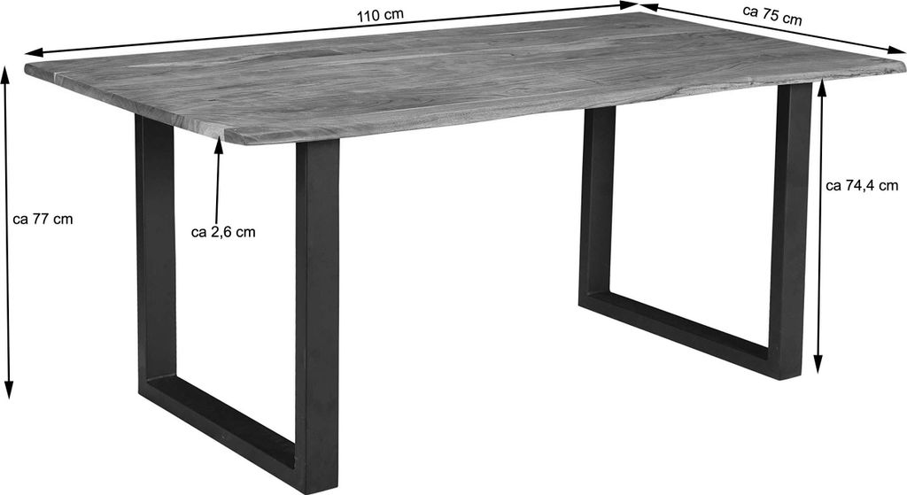 Esszimmertisch 110 x 75 cm Insa, echte Baumkante, Akazienholz naturfarben, massiver Baumkantentisch mit U-Gestell Silber
