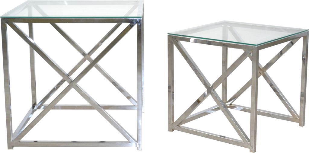 Two modern side tables with glass tops and chrome frames.