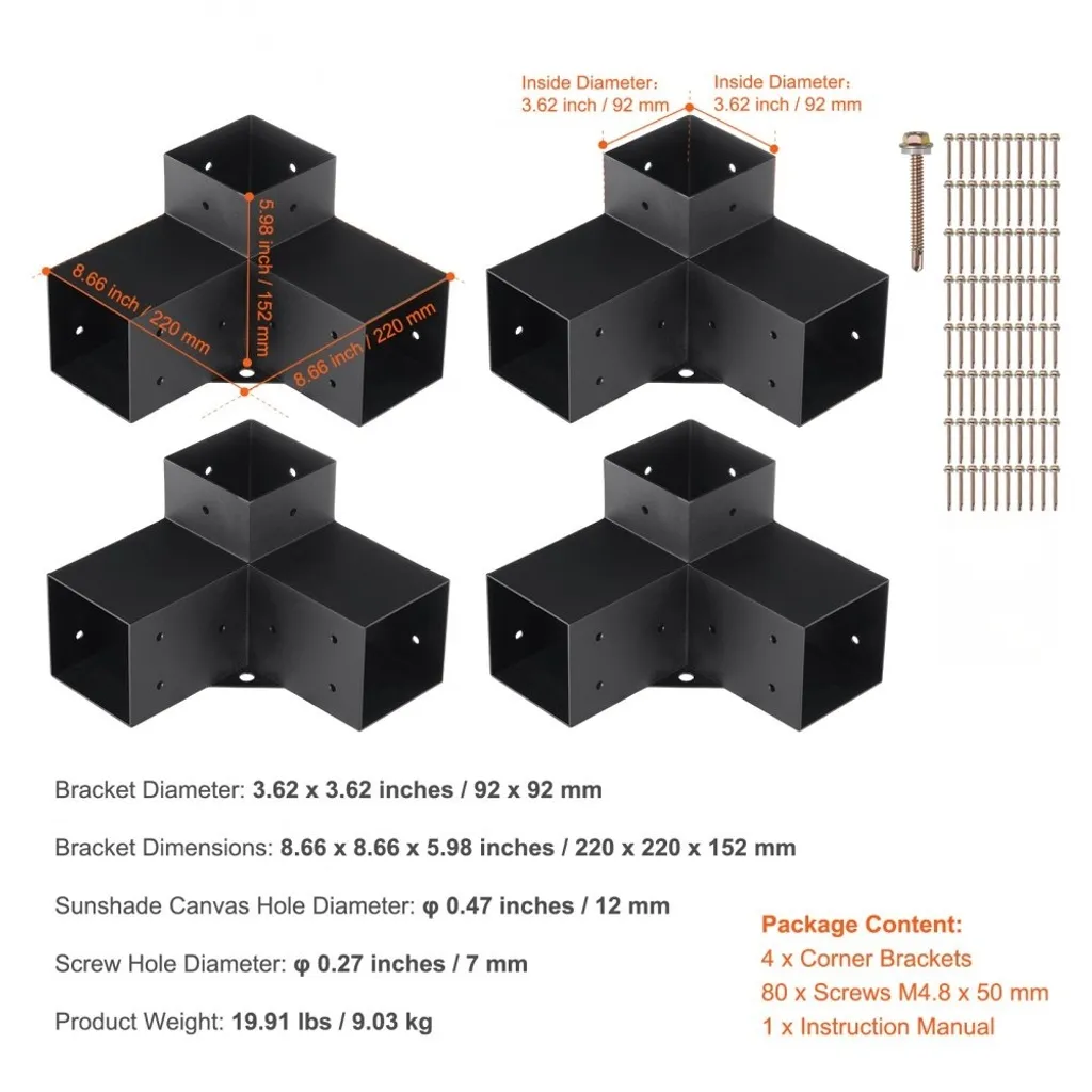Kit 2 Staffe Angolari 45° In Acciaio Per Pergole | Connettori Per Gazebo E Ponti | Fori Preforati Con Viti Per Montaggio Facile