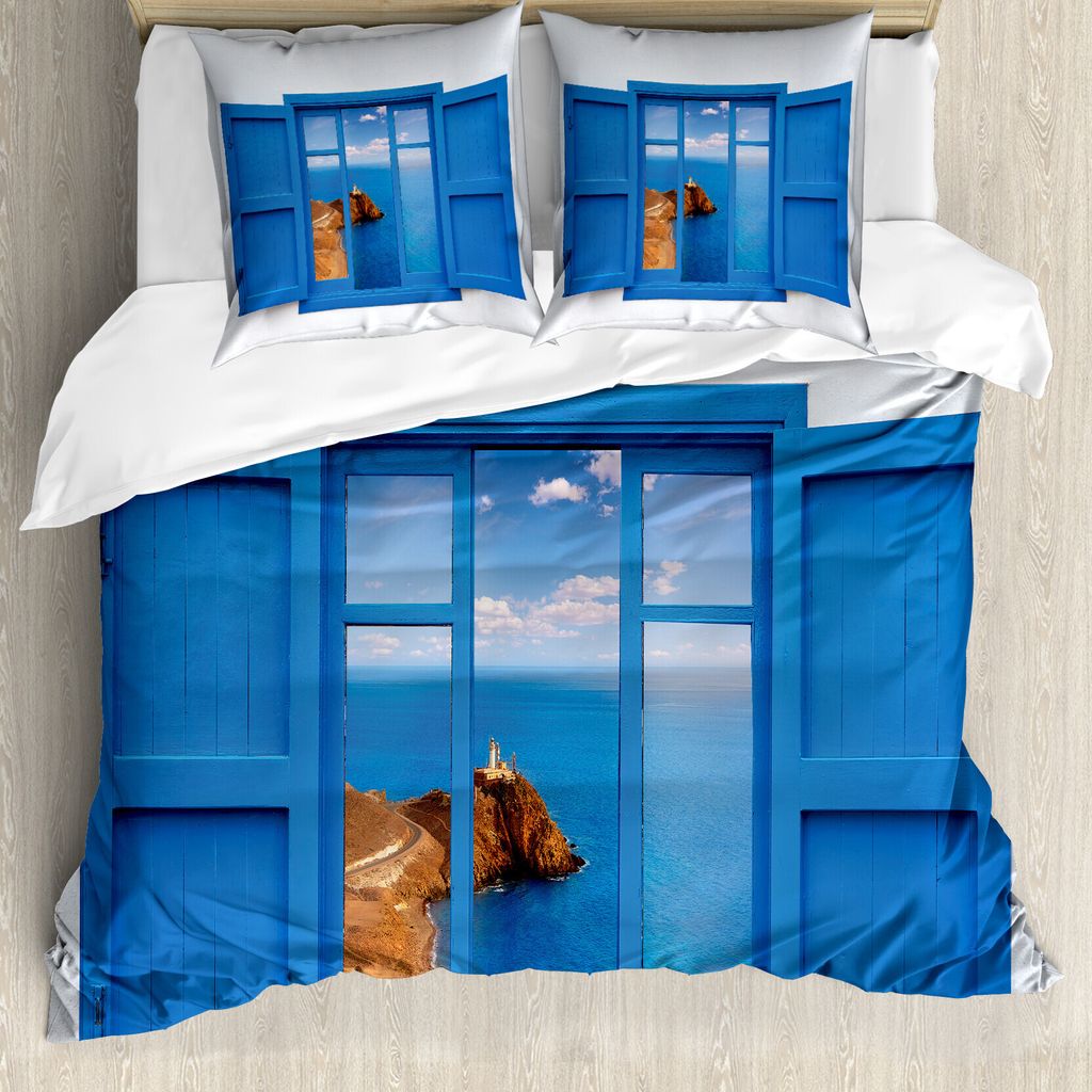 ABAKUHAUS Leuchtturm Bettbezug, Berg Ozean Meer, Milbensicher Allergiker geeignet mit Kissenbezügen, 200 cm x 200 cm - 80 x 80 cm, Blau Weiss
