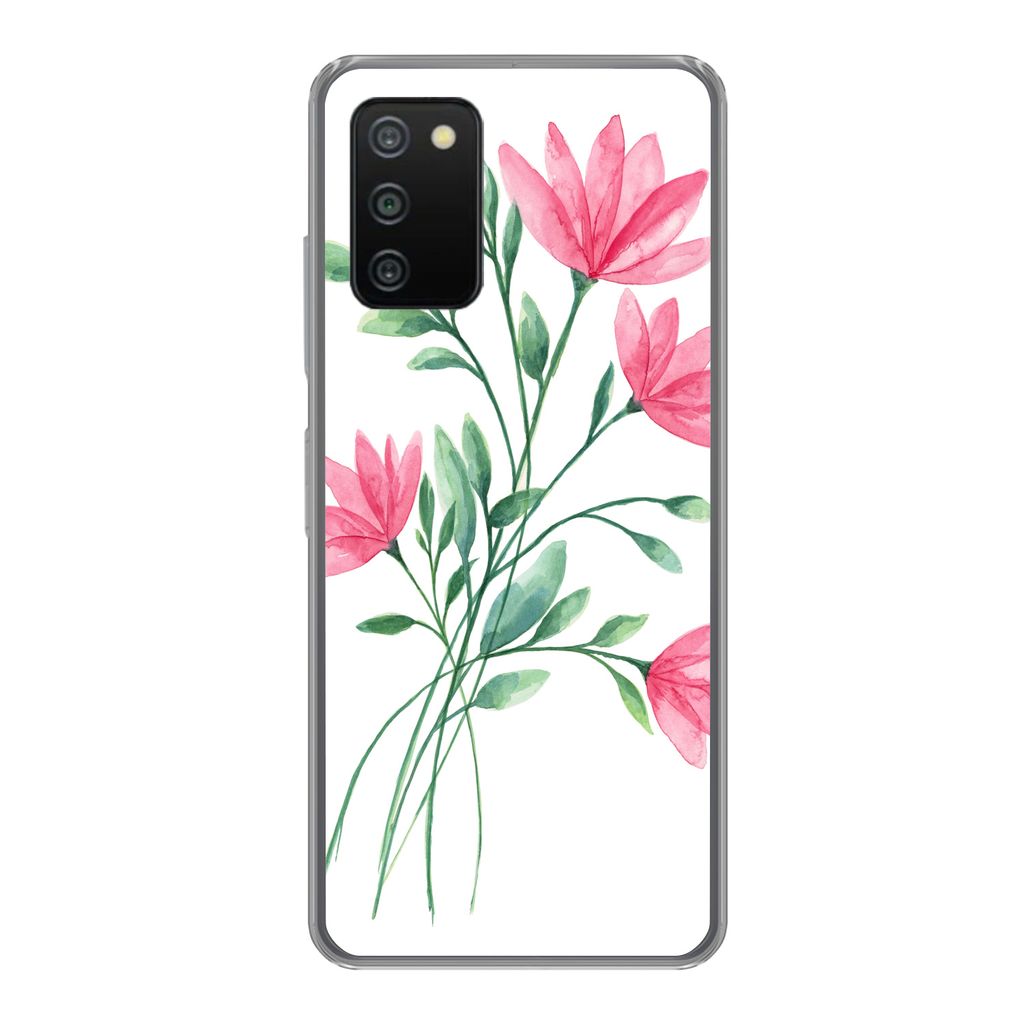 MuchoWow Handyhülle Schutzhülle Hülle für Samsung Galaxy A03s Blumen - Aquarell - Rosa Silikon Softcase Handy Hülle - Schutz