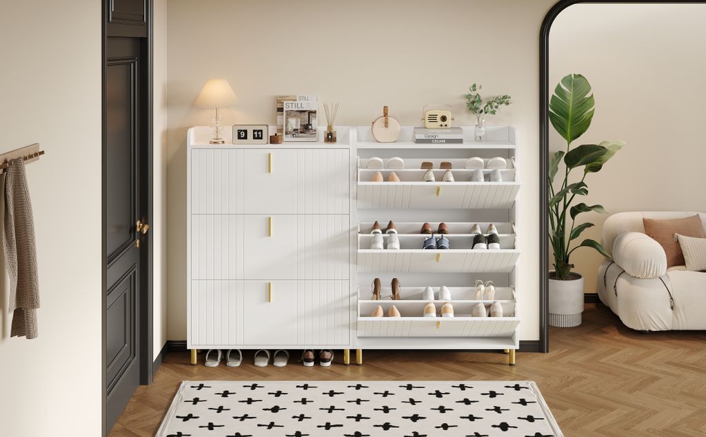 okwish Schuhschrank (2er set )Schuhregal Schuhkommode mit 3 Klappen, Schuhkipper mit 6 Fächern, Verstellbar, Weiß