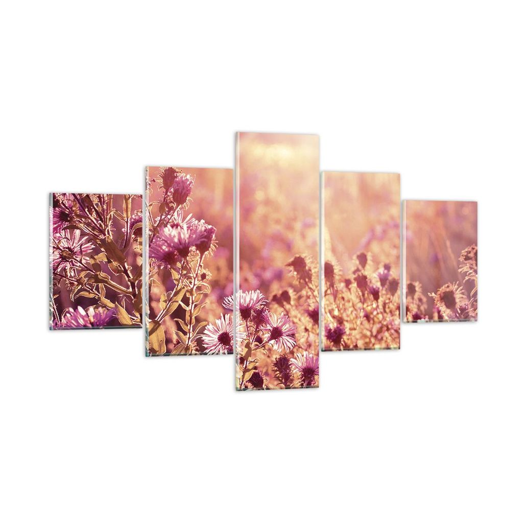 Bilder auf glas - 5 Teile - Wiese Blumen Sonne - 125x70cm - Glasbilder - Wandbilder - Bilder - zum Aufhängen bereit - Wanddekoration aus Glas - Gl...