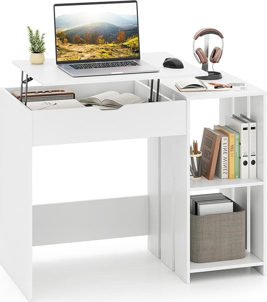 Schreibtisch für Computer mit Hebefunktion, Studiotisch mit 1 verstecktem Fach und 2 offenen Ablagefächern, Arbeitsplatz, 100 x 49 x 75 cm, Weiß