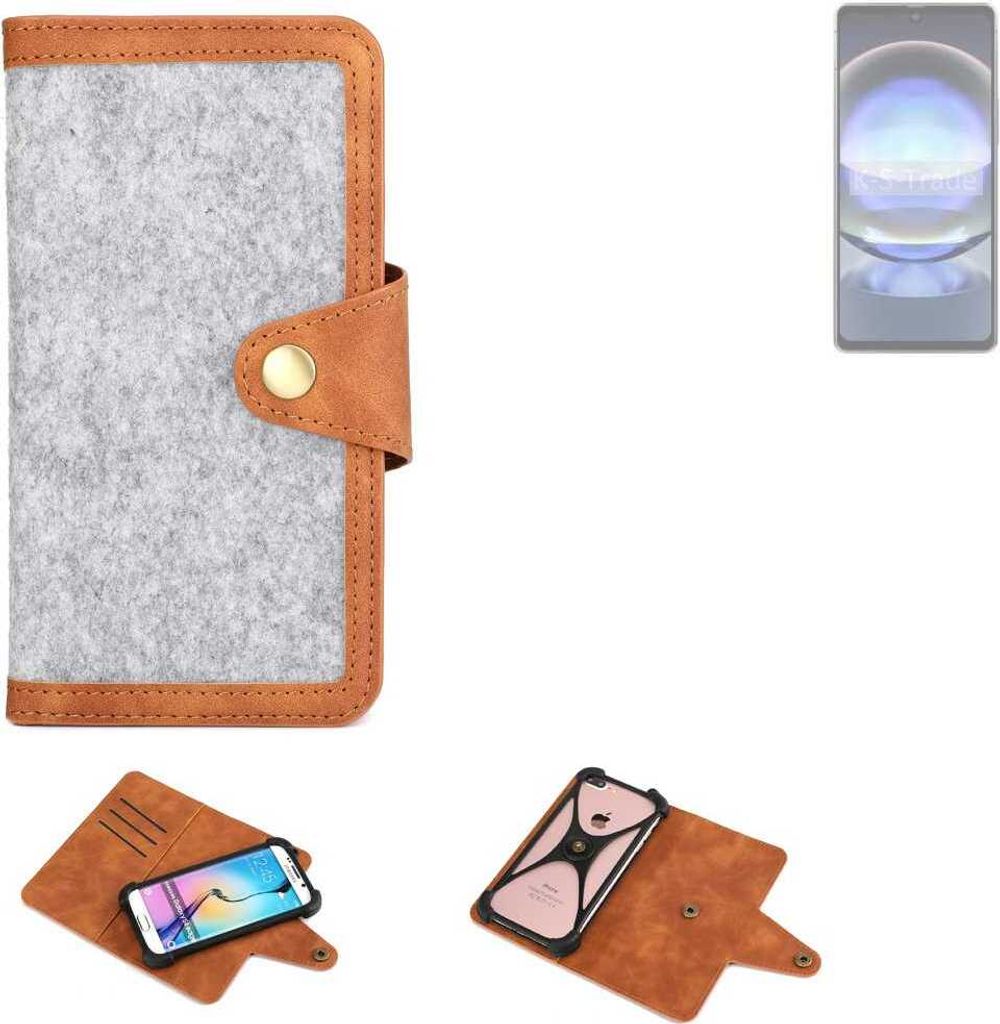 K-S-Trade Handyhülle kompatibel mit Sharp Aquos R8 Schutzhülle Filz-Hülle Kunst-Leder hellgrau braun (1x)