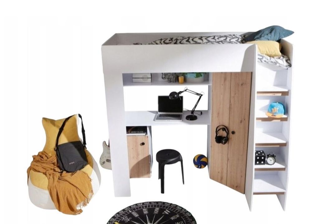 Etagenbett Kinderbett GUSTO-2 mit Schreibtisch und Kleiderschrank (rechte Seite) - ohne Matratze