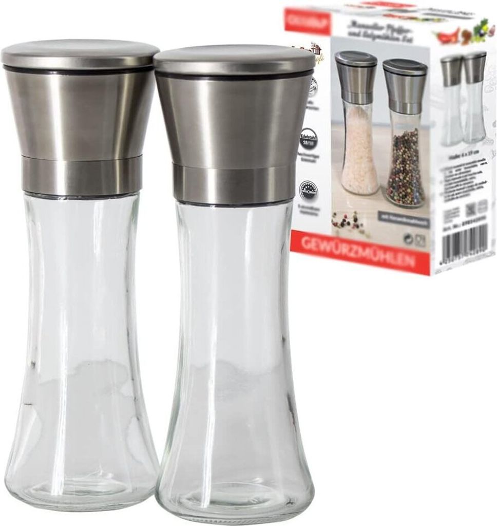 Pfeffer Salz und Gewürzmühlen Set aus Glas und Edelstahl, 19 cm, Manuell