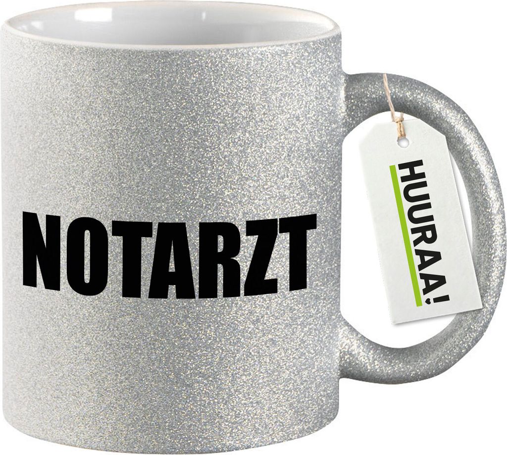 Huuraa Glitzertasse Notarzt Schriftzug 330ml Silber Keramik Kaffeebecher Geschenkidee