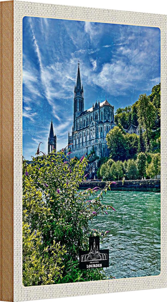 Holzschild Reise 20x30cm Frankreich Lourdes Meer Kirche Natur