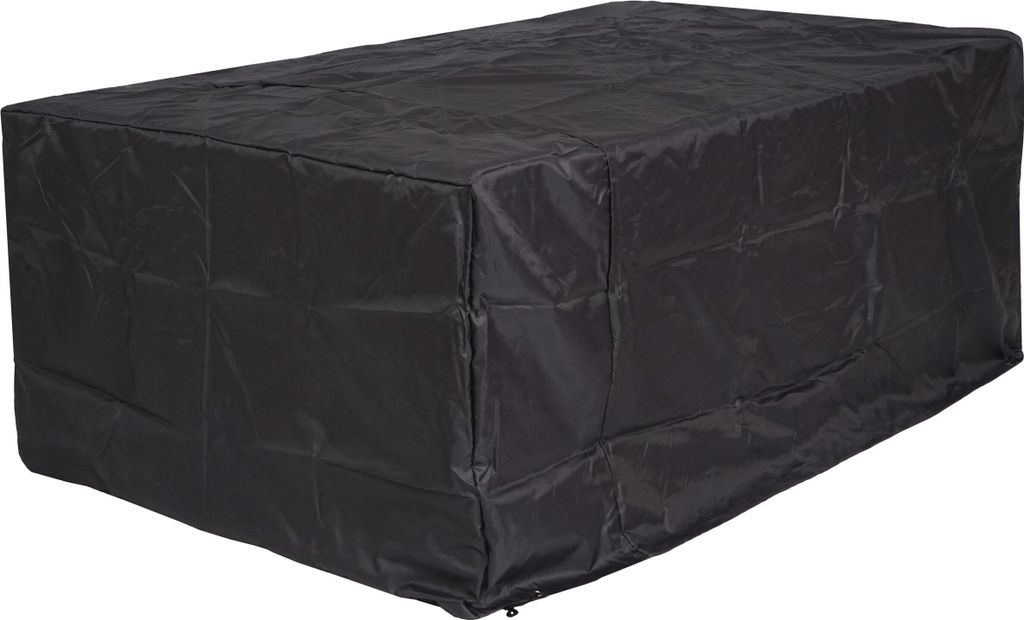 A black protective cover for outdoor furniture, such as a bench or table, is shown against a white background.