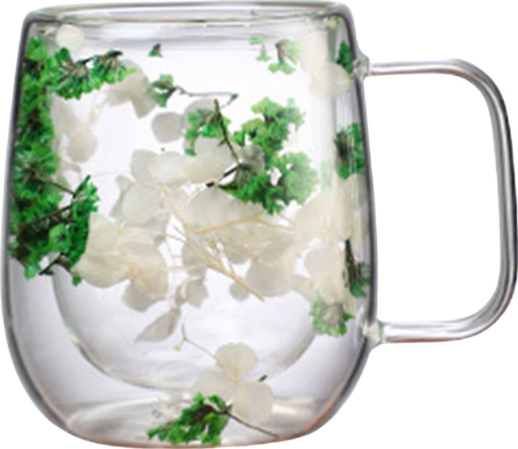 250 ml doppelwandiger Glasbecher, durchsichtig, mit Blumenmuster, breite Öffnung, mit Henkel, isolierter Kaffeebecher für Kaffee, Tee und Schokolade