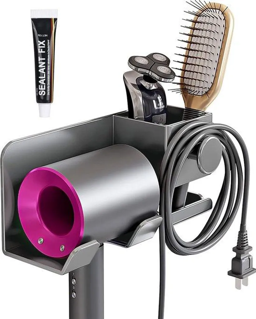 Support mural pour sèche-cheveux en aluminium gris sans perçage