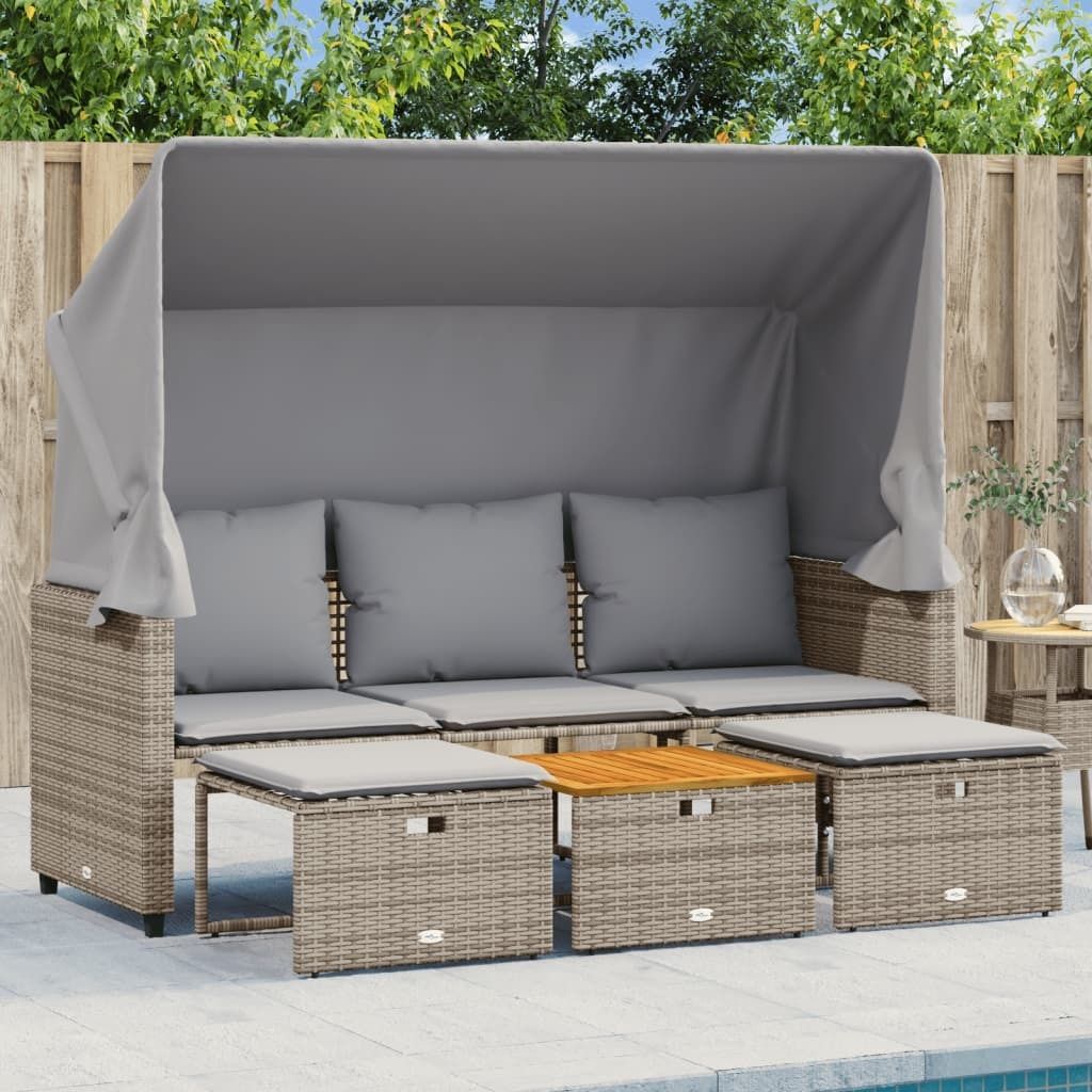 Outdoor-Sofa 3-Sitzer mit Dach und Hockern Grau Poly Rattan, Gartensofas 2024 Neu