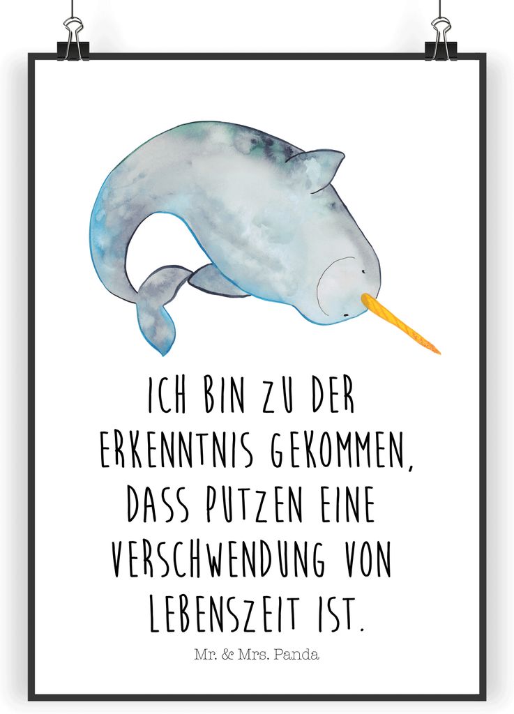 Mr. & Mrs. Panda Bild Narwal DIN A3 - Weiß - Geschenk, Wal, Wandbild, Kunstdruck, Kinderzimmer, Hausfrau, wanddeko, Plakat, Putzen, drucke, Aufrä...