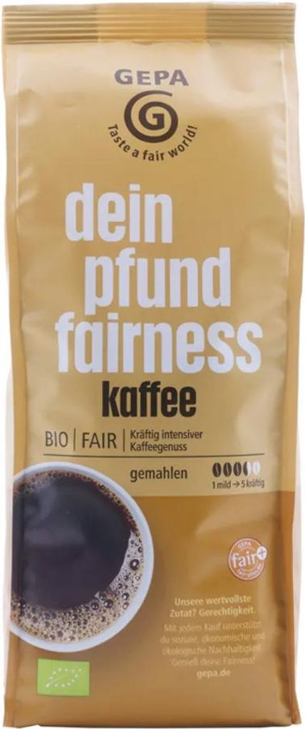 A bag of ground coffee with a cup of coffee shown on the side.