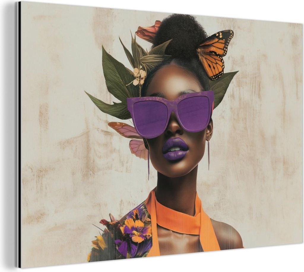 MuchoWow Wanddekoration Metall Metallbild Wandkunst 120x80 cm Frau - Sonnenbrille - Schmetterling - Blumen MuchoWow Aluminium Gemälde - Alu Bild